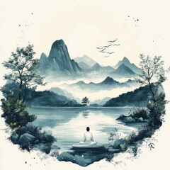 Sticker - A serene landscape with a meditating figure by a tranquil lake.