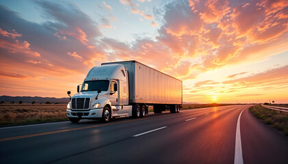 white trailer truck on empty roads at sunset with light trails, ideal for ads or promotions.