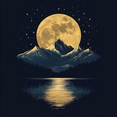 Sticker - A serene night landscape with a full moon reflecting on water.