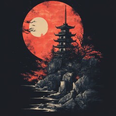 Poster - A serene pagoda scene under a full red moon.