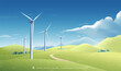 © jm - Hand painted horizontal illustration of a wind turbine on a green hillside under a blue sky