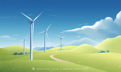 hand painted horizontal illustration of a wind turbine on a green hillside under a blue sky