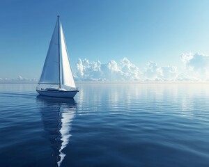 Poster - A serene sailboat gliding across calm blue waters under a clear sky.