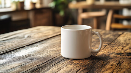 A white mock up mug of dark coffee on a rustic wooden table in cafe or kitchen