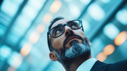 Image of a man with grey hair and beard wearing glasses, looking upwards with blurred modern architectural elements in the background, conveying a sense of contemplation.