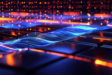 Wall Mural - a vibrant digital landscape featuring flowing lines of light against a dark background, symbolizing 