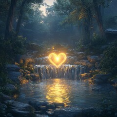 Poster - A serene waterfall illuminated by a glowing heart shape.