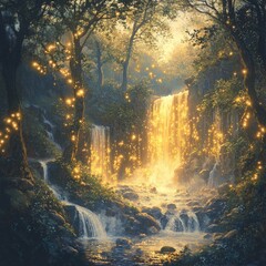 Poster - A serene waterfall scene illuminated by magical lights.