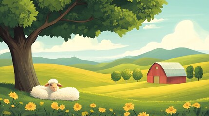 Wall Mural - Idyllic Farm Scene with Sheep  Barn  and Rolling Hills