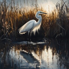 Poster - A serene white heron stands in calm waters at sunset.