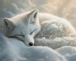 Sticker - A serene white fox sleeping peacefully in a snowy landscape.