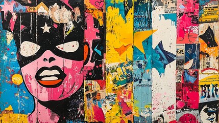 A female face peers out from an abstract pop art graffiti wall, surrounded by colorful posters.