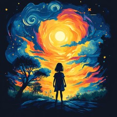 Canvas Print - A silhouette of a girl gazing at a vibrant, swirling sky.