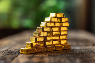 A stunning golden ingot stack representing wealth and luxury, set on a wooden surface with a blurred background.