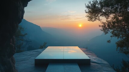 Glass podium on a mountain peak, expansive view of the valley, sunrise