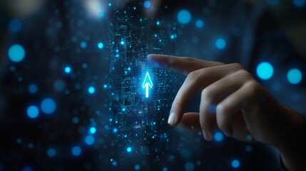 Wall Mural - Businessman touching a virtual screen with an arrow-up icon on a digital interface. This is a business technology concept for online business and social media marketing.
