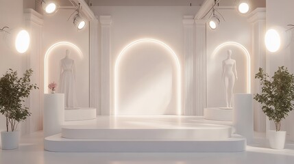 Glossy white podium in a fashion photography studio, mannequins and props, bright lights