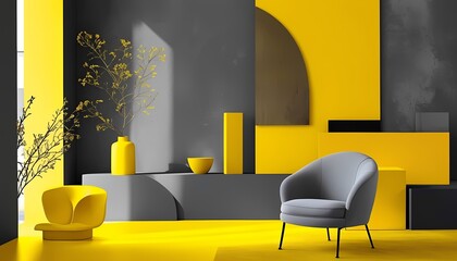 The scene showcases a gray concrete wall, a large yellow rectangular panel, two circular yellow mirrors, a black pedestal, a gray rectangular shape, and a black circular shape. 