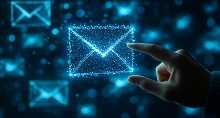 Wall Mural - businessman touching a white email icon floating on a blue background with dots, a business and tech