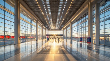 Wall Mural - A beautifully illuminated modern airport terminal with large windows reflecting golden sunlight and spacious, clean tiled floors, creating a welcoming and airy atmosphere for travelers