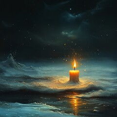 Poster - A solitary candle illuminates a serene, dark ocean landscape.