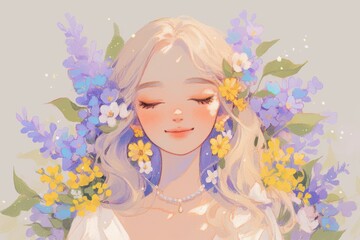 Wall Mural - A girl with flowers in her hair and wearing bracelets, against a lavender gray solid background