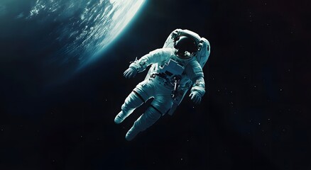 Wall Mural - An astronaut floats in space, with Earth visible behind him. He is wearing a space suit. There are many stars around him, and 5K realistic science fiction, 3D sci-fi art