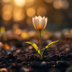 Canvas Print - A solitary white tulip blooming in soft sunlight on the ground.