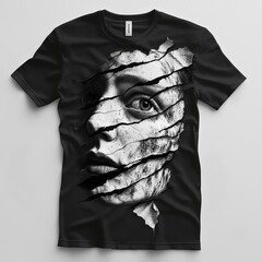 Sticker - A striking black t-shirt featuring a torn design revealing a face.