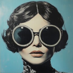 Sticker - A striking portrait of a woman with oversized sunglasses.