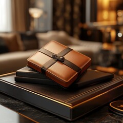 Canvas Print - A stylish leather gift box set on a luxurious table.