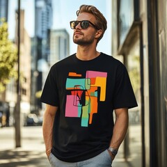 Sticker - A stylish man in sunglasses wearing a graphic t-shirt outdoors.