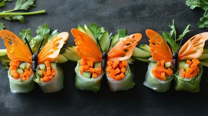 Colorful rice rolls creatively decorated with butterfly toppings and fresh herbs, a vibrant addition to any healthy meal.