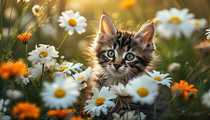 Playful kitten exploring a vibrant flower field filled with daisies and marigolds, capturing the essence of spring joy and cuteness for design and advertising purposes