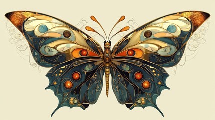 Elegant Art Nouveau butterfly design, ornate and colorful