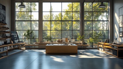 Modern podium in a design studio, large windows, creative tools on tables