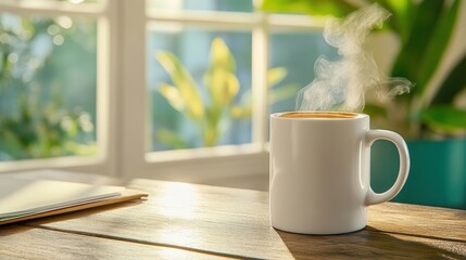 Serene office scene, coffee mug on a rustic desk, soft natural light coming through a large open window