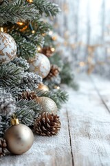 Wall Mural - Close-up of frosted pine branches with gold ornaments, pine cones, and a snowy background, capturing the essence of winter holidays.