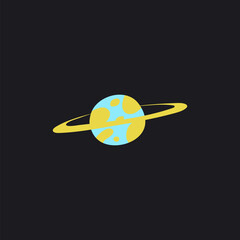 Wall Mural - Blue planet with a yellow ring on a black background for children's design.