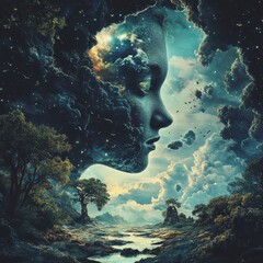 Wall Mural - A surreal landscape merging human features with cosmic elements.