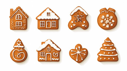 
Set of gingerbread cookies isolated on a white background, in the shapes of a house, heart, star, and tree, with a red glaze and golden sprinkles. Cartoon vector illustration design element for Chris