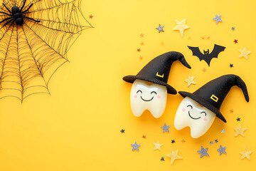 halloween concept, two cute smiling teeth in witch hats on a yellow background with spider webs and 