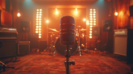 Podium in a podcast recording studio, microphones and sound panels, warm lighting