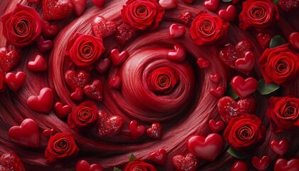 Canvas Print - A swirl of red roses and hearts creating a romantic atmosphere.