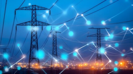 A dynamic power grid with transmission towers illuminated at night, showcasing energy connections and technological advancement.