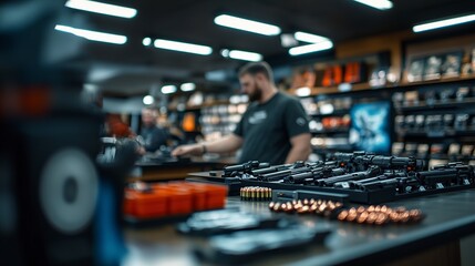 A retail space displaying various firearms and ammunition, with a customer browsing in the background.