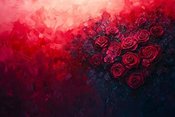 Poster - A vibrant heart-shaped arrangement of red roses on a textured background.