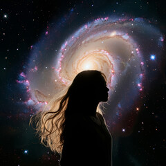 Wall Mural - silhouette of beautiful woman on galaxies background