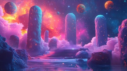 Wall Mural - podium surrounded by floating galaxies, abstract space shapes, vibrant colors