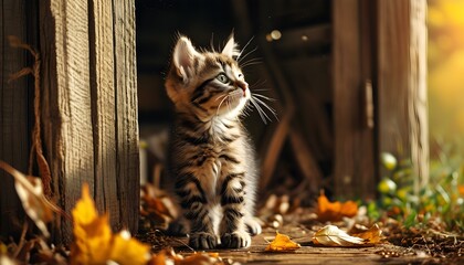 Curious kitten in rustic barn captured in warm autumn light, embodying countryside charm perfect for poster or banner design with copy space for text